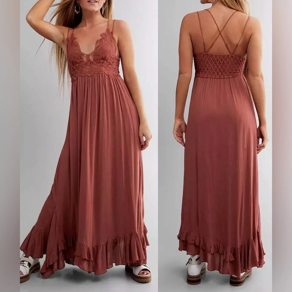 NEW Free People Adella Maxi Slip Copper brown summer Dress sz S - Picture 1 of 7